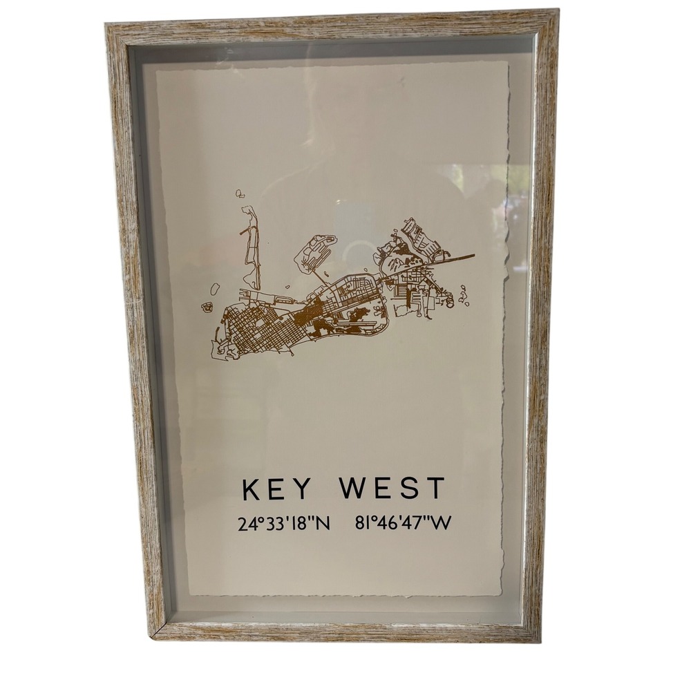 Key West Florida Map Art Framed Gold Foil Style Coastal Decor Beachy 12x19
